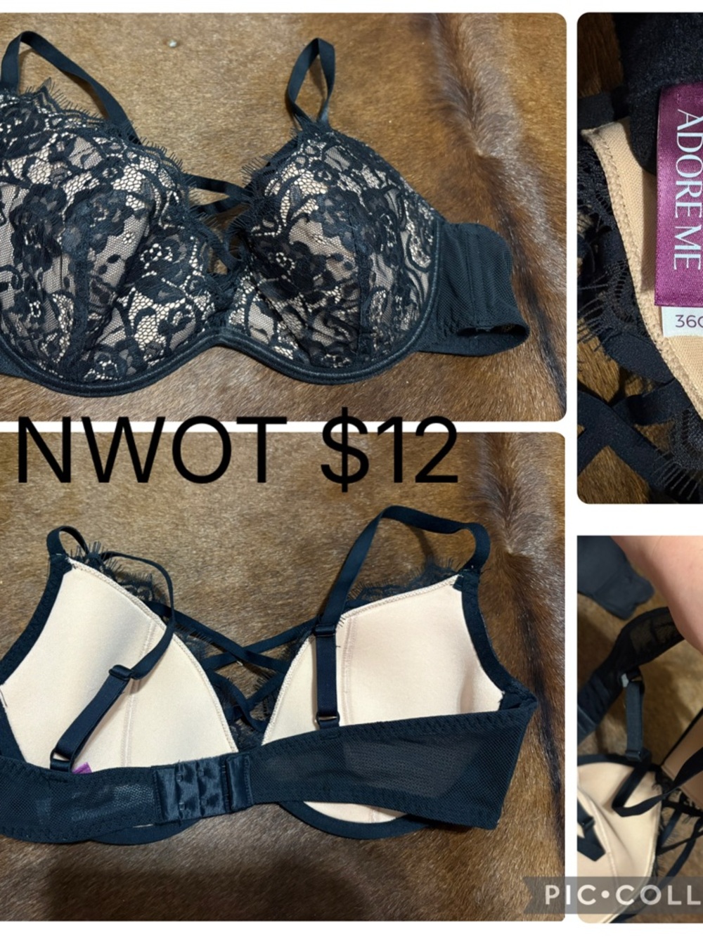 Adore Me Black Lace Underwire Bra with Nude Lining